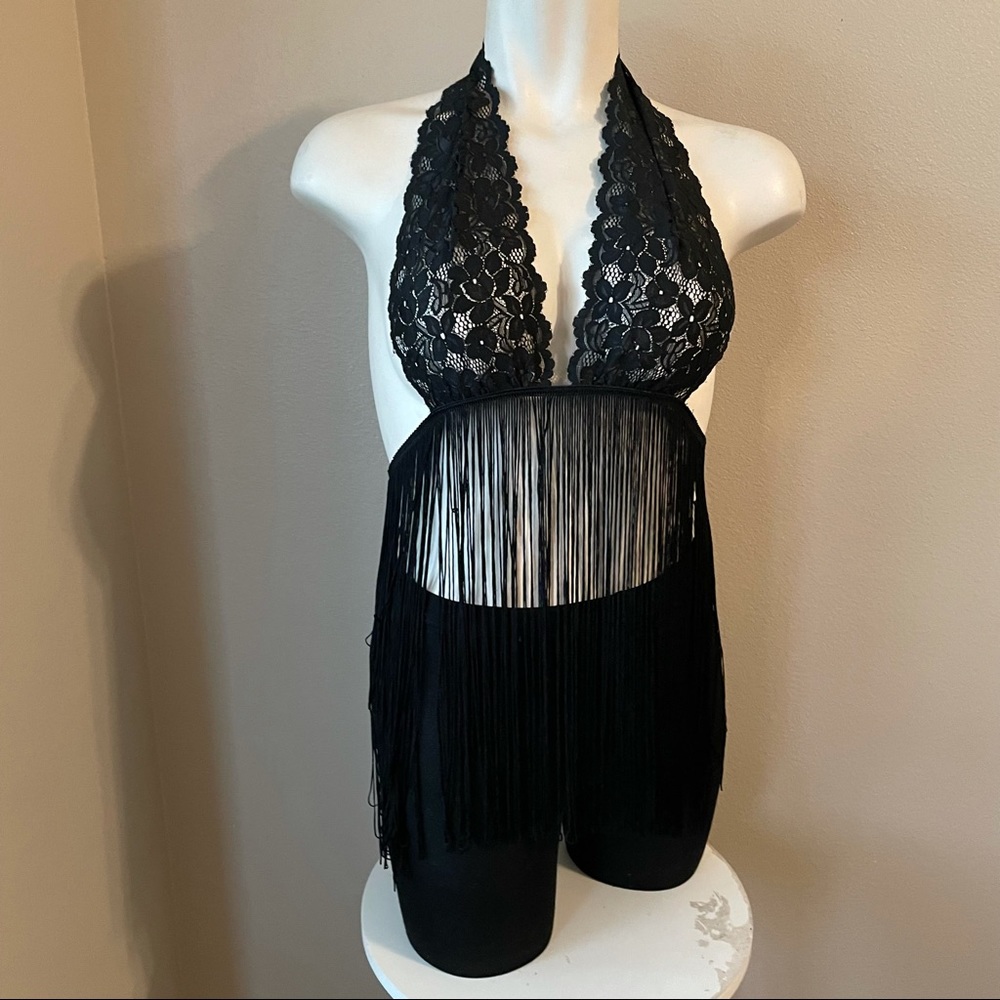Risqué black lace fringe bralette one size